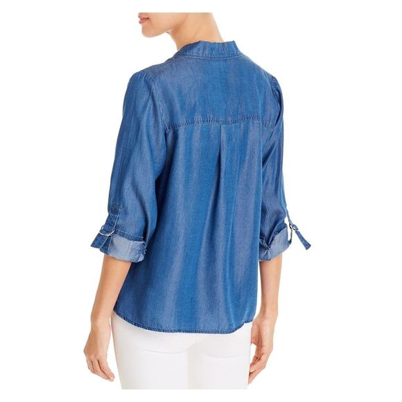 ALISON ANDREWS Womens Blue Pocketed Tie Front Roll-tab Sleeve Collared Top XL - Picture 2 of 2